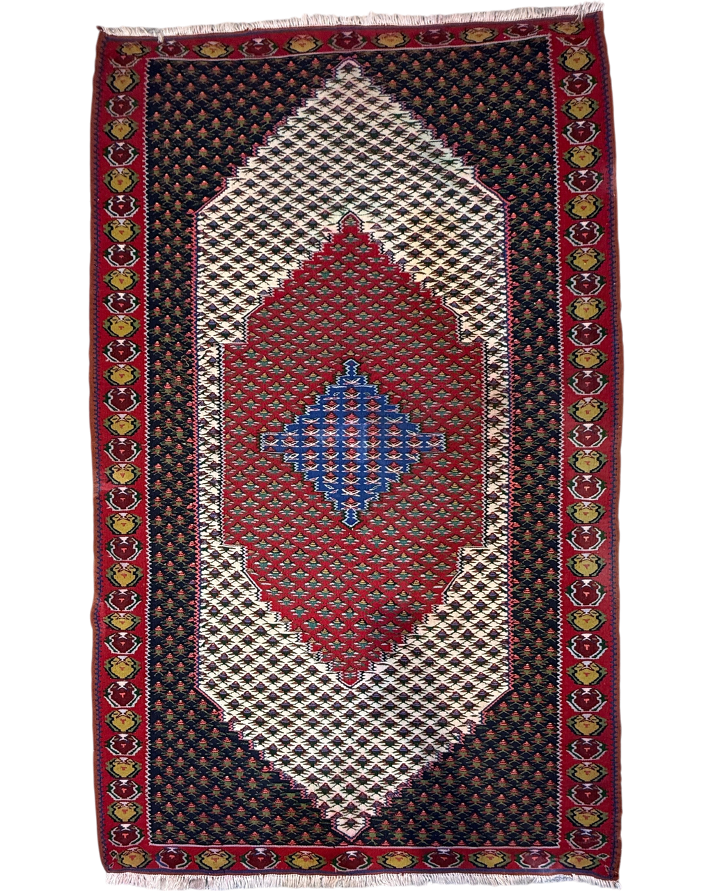 Tappeto Kilim Senneh 193x117 cm con motivi geometrici e floreali stilizzati