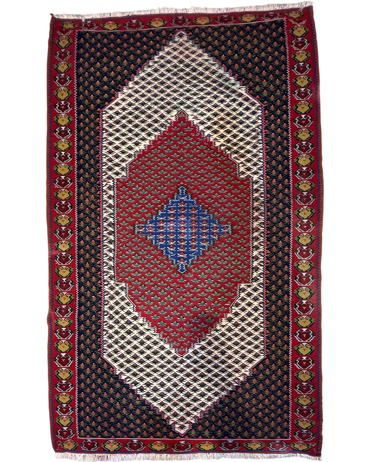 Tappeto Kilim Senneh 193x117 cm con motivi geometrici e floreali stilizzati