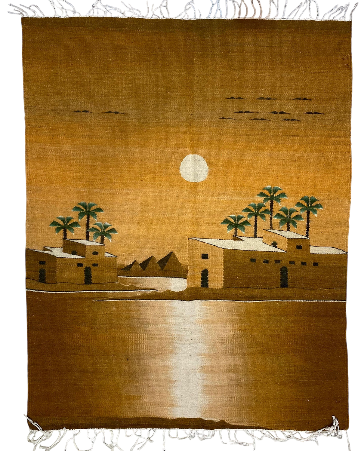 Kilim usato 122x93 cm con paesaggio desertico, palme e tonalità ocra e marrone