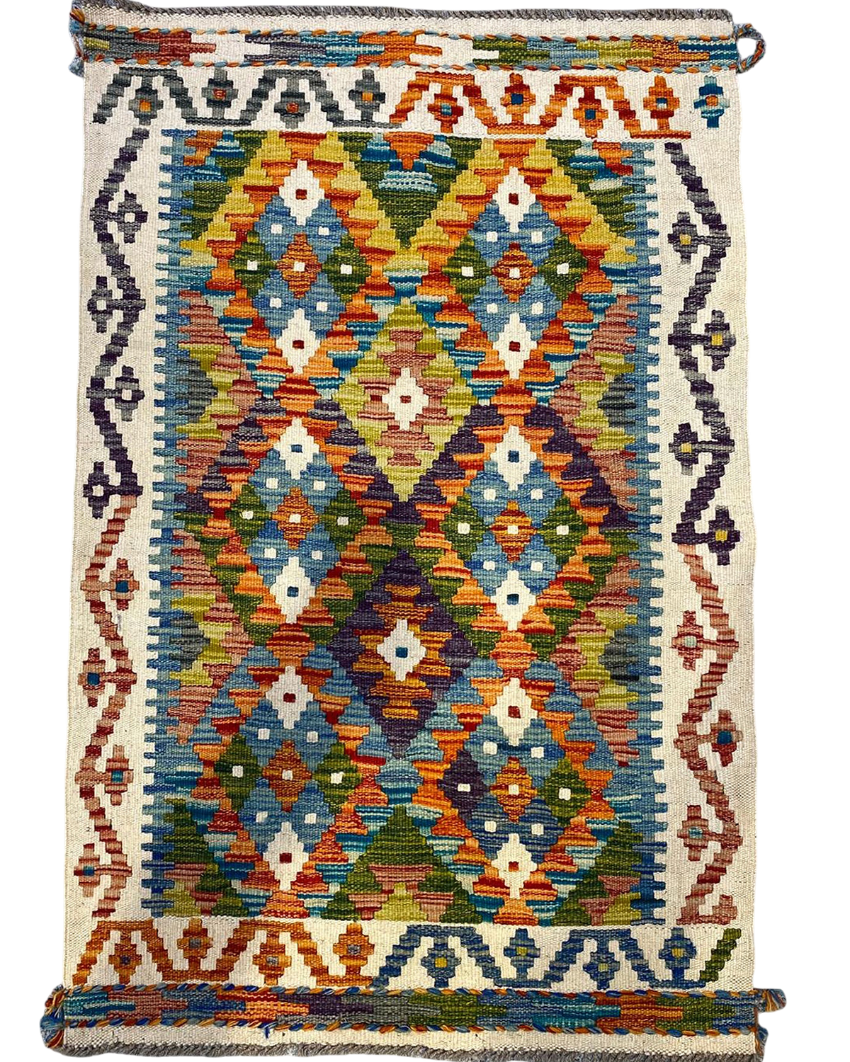 Tappeto Kilim usato 125x83 cm multicolore con motivi geometrici a rombo