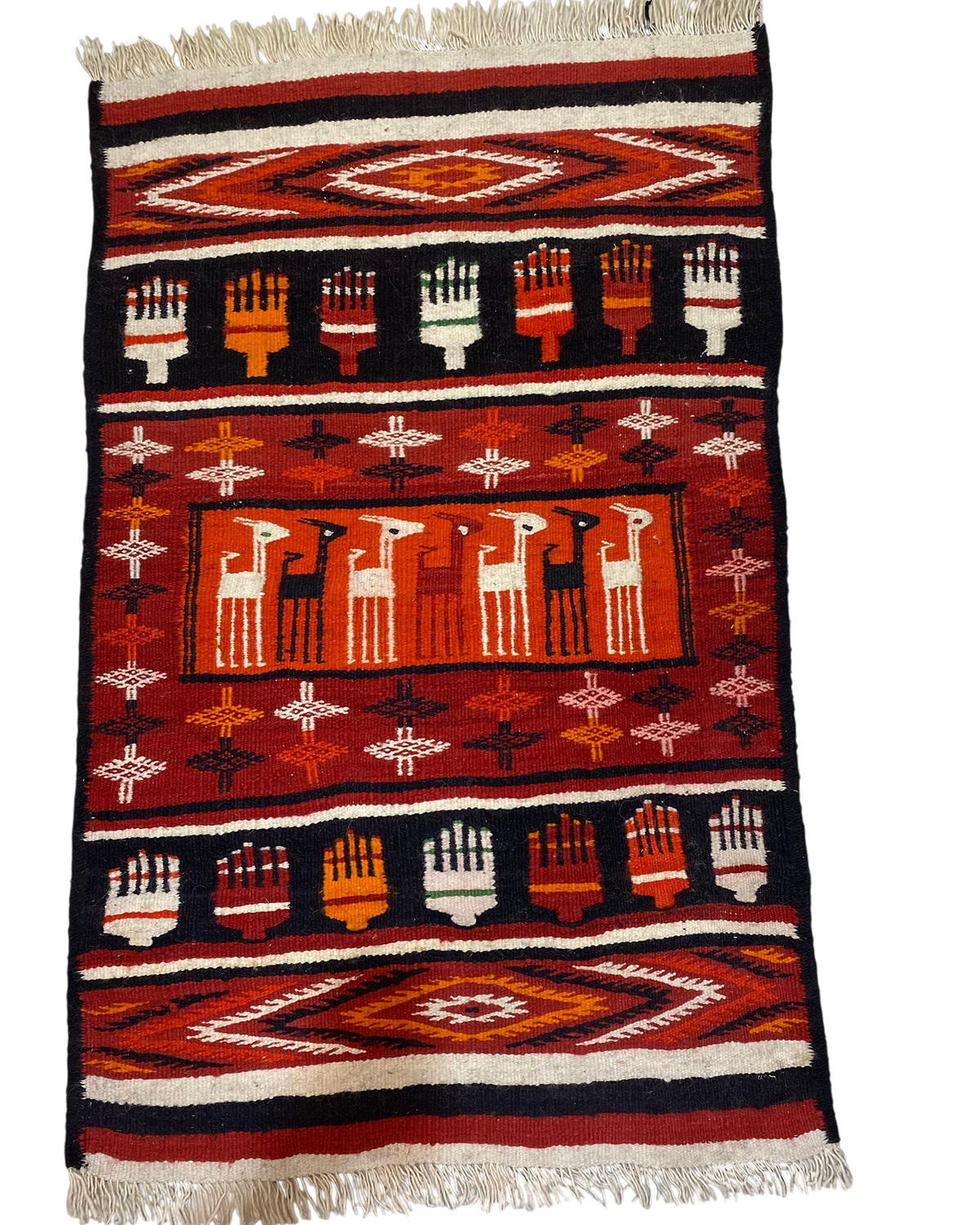Tappeto Kilim usato 130x80 cm lavorato a mano con motivi figurativi e geometrici nei toni del rosso e nero