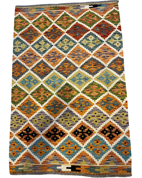 Tappeto Kilim usato 149x101 cm multicolore con motivo geometrico a rombi