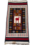 Tappeto Kilim usato 150x74 cm lavorato a mano con cammello stilizzato e motivi geometrici policromi