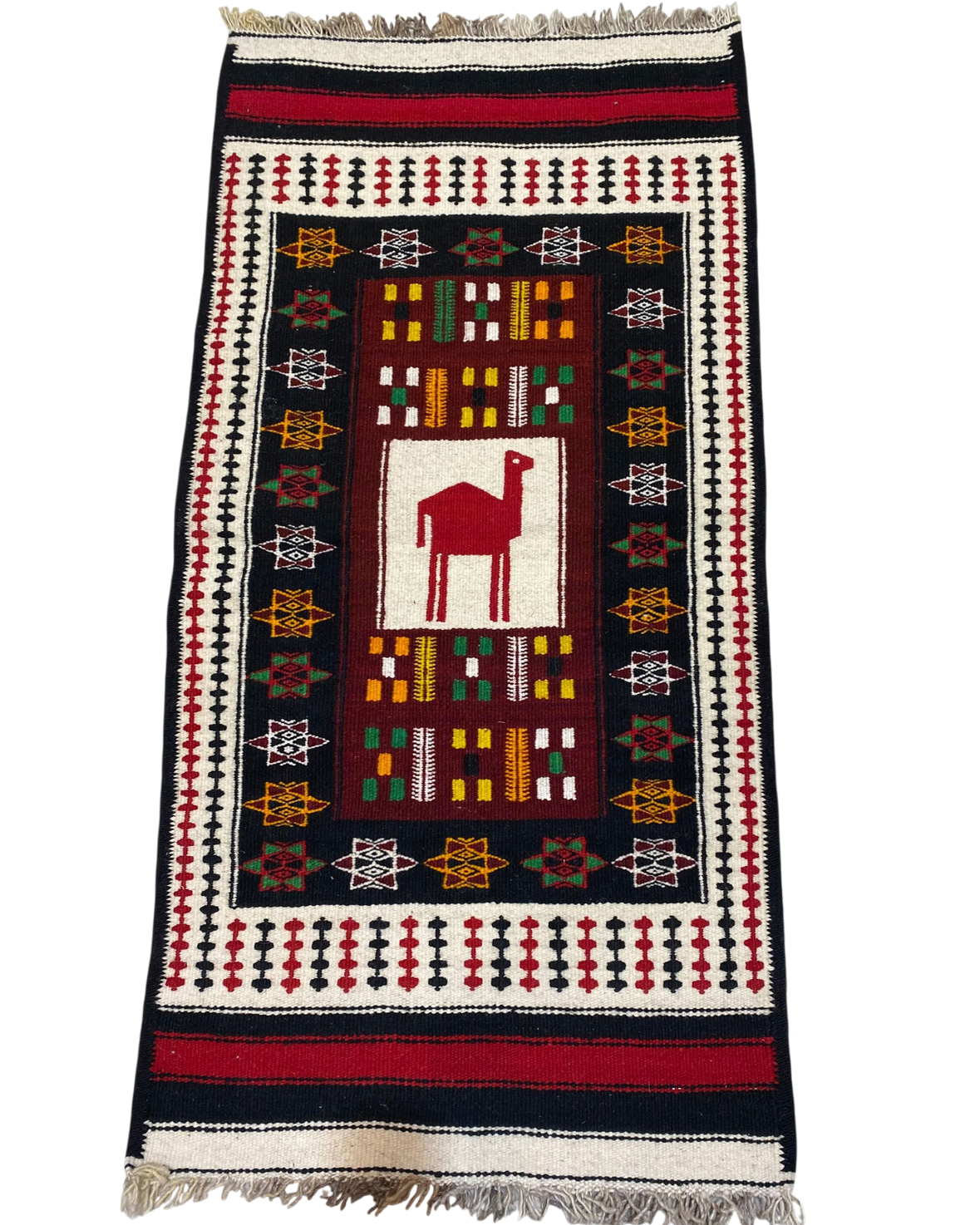 Tappeto Kilim usato 150x74 cm lavorato a mano con cammello stilizzato e motivi geometrici policromi