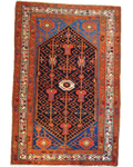 Tappeto Malayer persiano annodato a mano con medaglione geometrico su fondo blu e bordura rossa, misura 200x132 cm