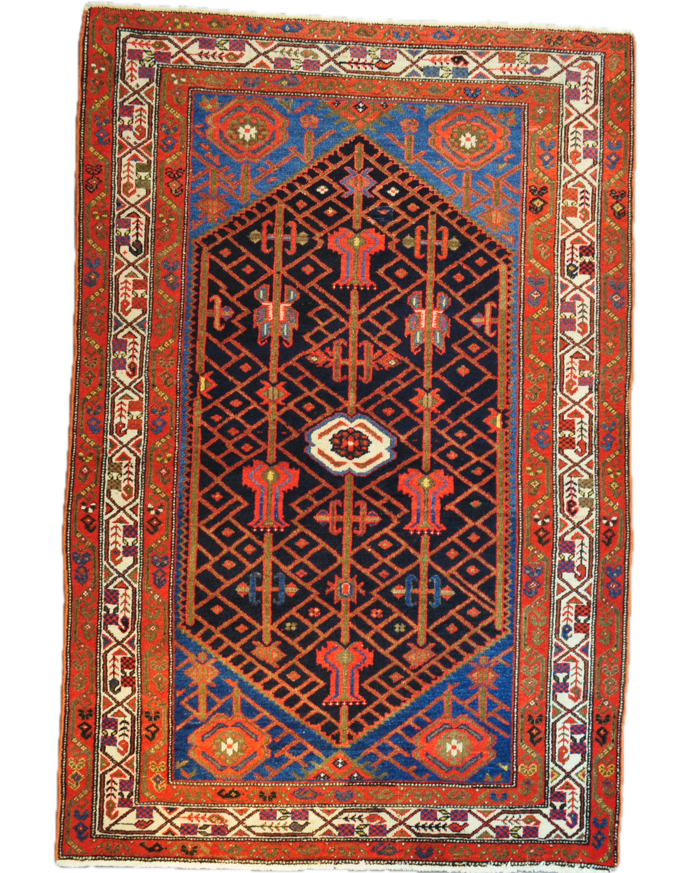 Tappeto Malayer persiano annodato a mano con medaglione geometrico su fondo blu e bordura rossa, misura 200x132 cm