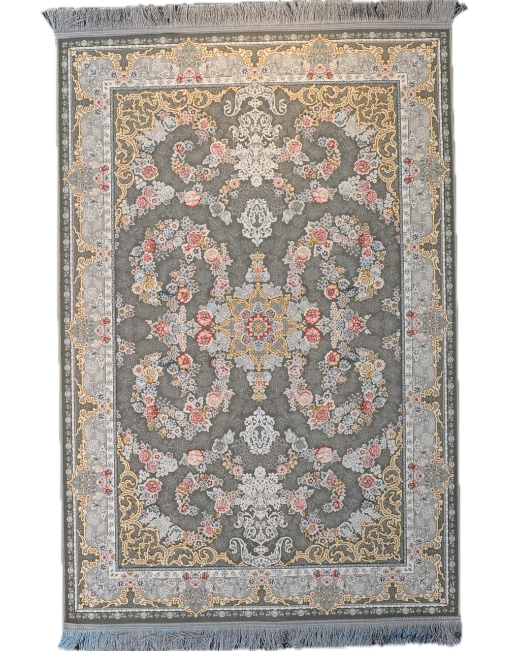 Tappeto meccanico con elegante disegno floreale su fondo grigio e dettagli rosa, misura 150x100 cm