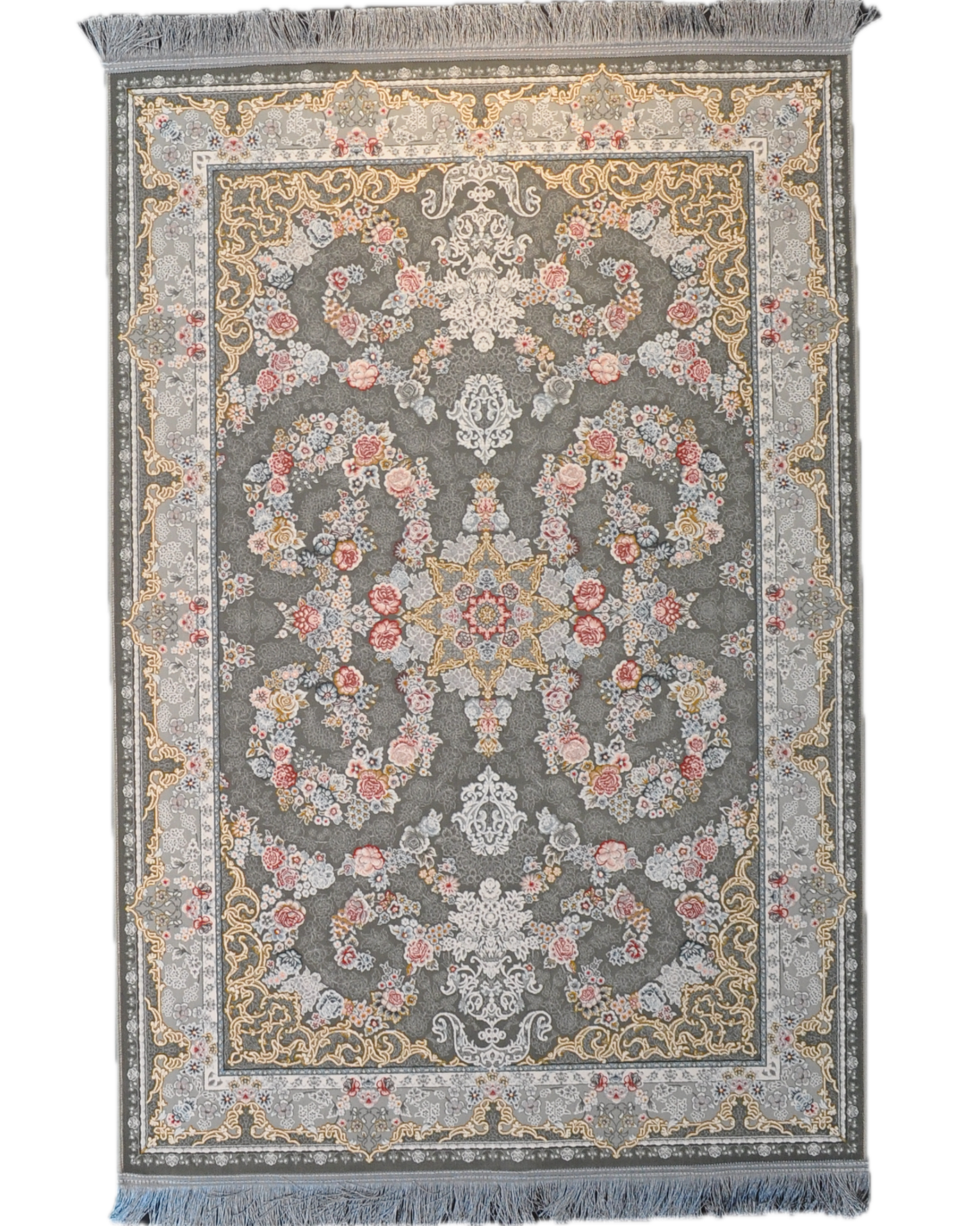 Tappeto meccanico con elegante disegno floreale su fondo grigio e dettagli rosa, misura 150x100 cm