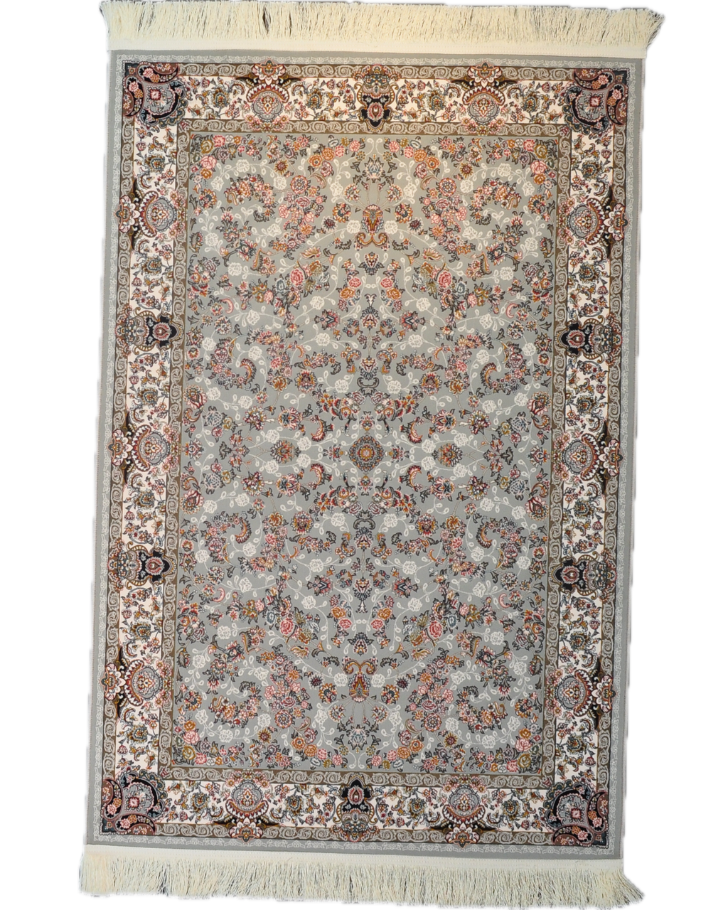 Tappeto meccanico 150x100 cm con eleganti motivi floreali e tonalità grigio perla.
