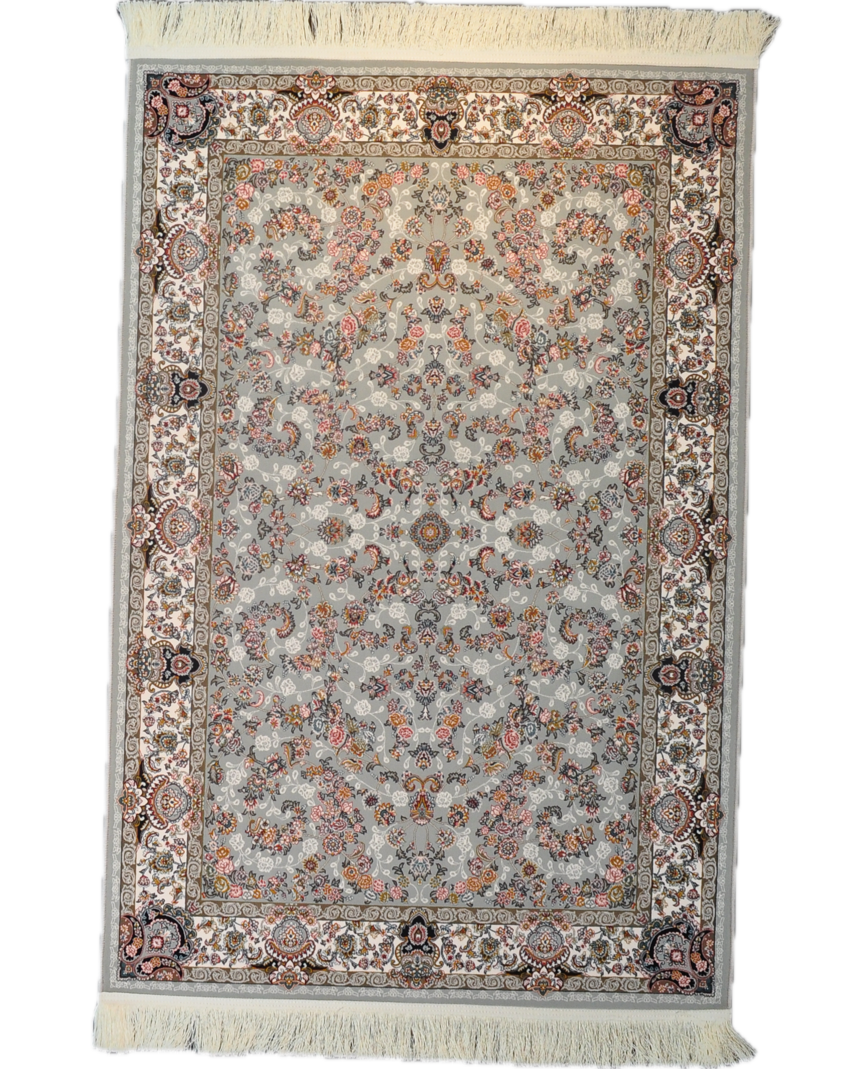 Tappeto meccanico 150x100 cm con eleganti motivi floreali e tonalità grigio perla.