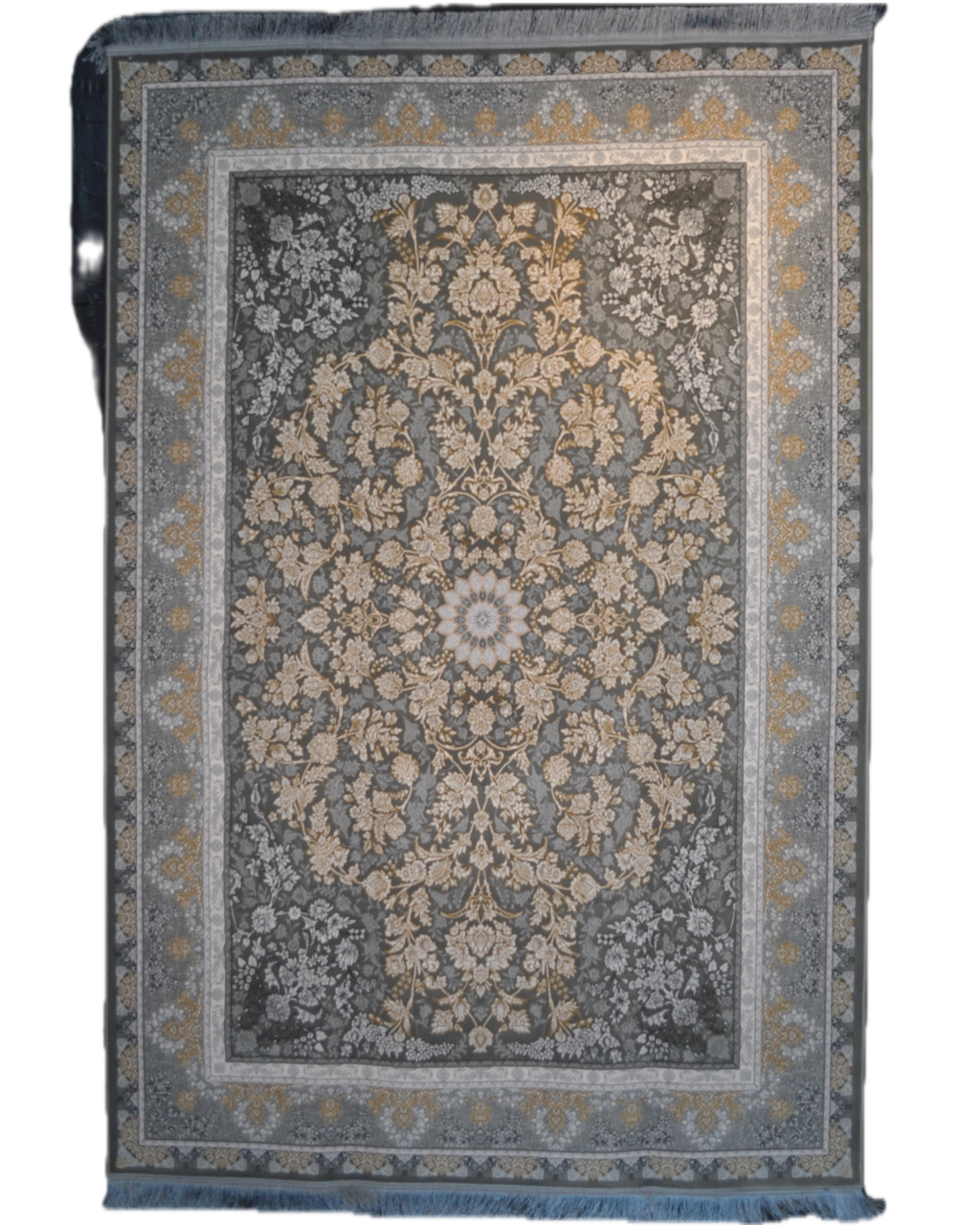 Tappeto meccanico con elegante medaglione centrale e raffinati motivi floreali su fondo grigio antracite, misura 225x150 cm