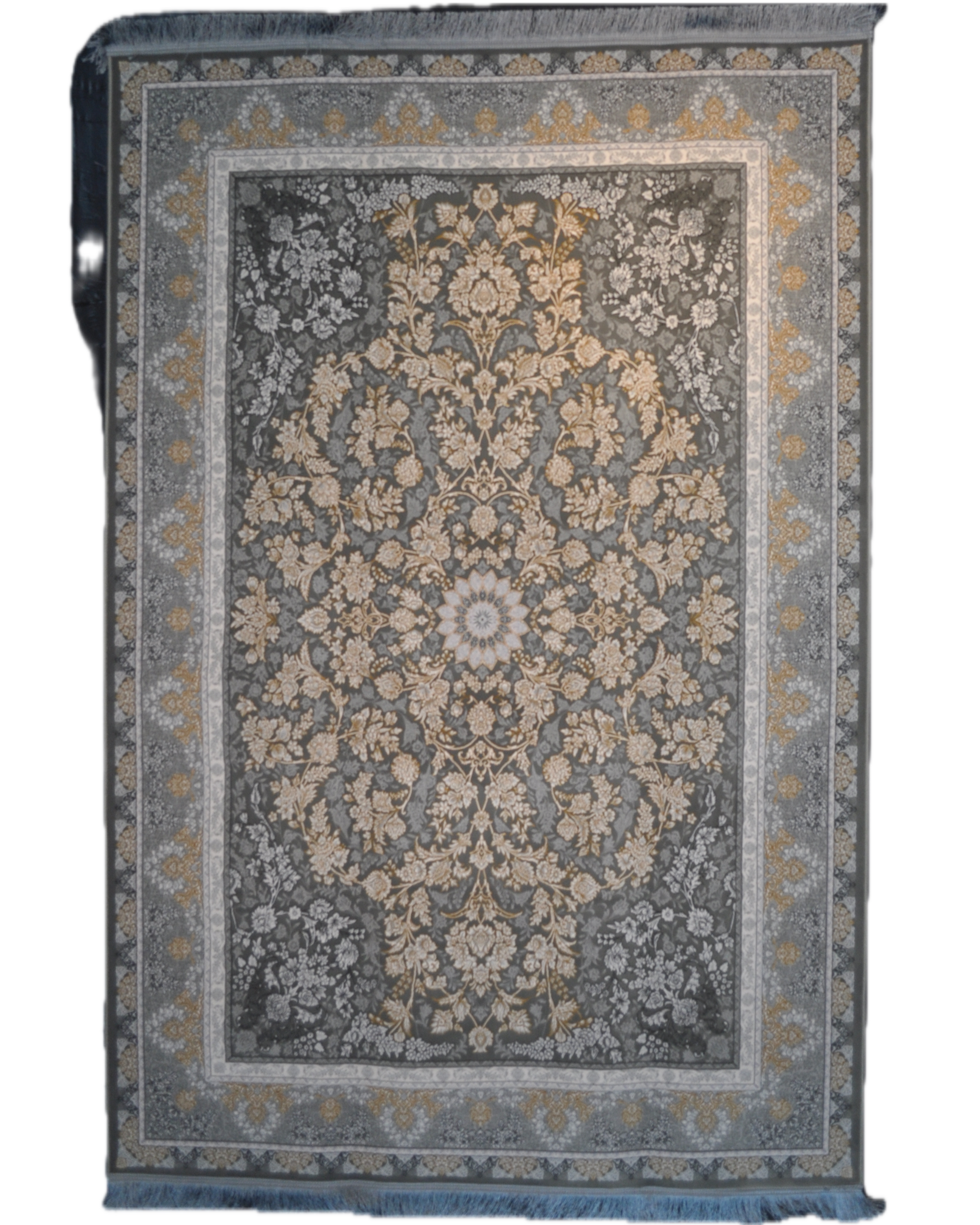 Tappeto meccanico con elegante medaglione centrale e raffinati motivi floreali su fondo grigio antracite, misura 225x150 cm