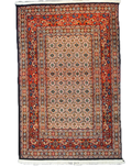 Tappeto persiano Mud annodato a mano con tradizionale disegno Herati nei toni del rosso, avorio e blu, misura 156x105 cm