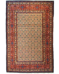 Tappeto persiano Mud annodato a mano con tradizionale disegno Herati nei toni dell'avorio, rosso e blu, misura 200x130 cm