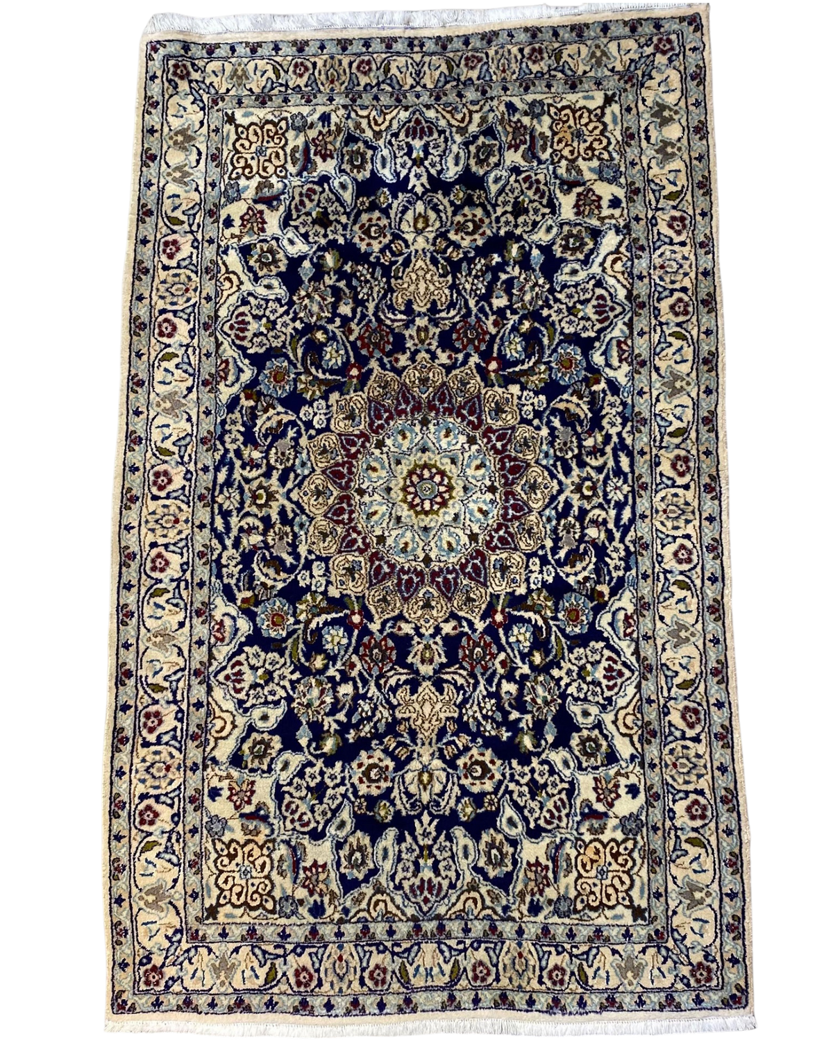 Tappeto Nain usato 193x118 cm blu e avorio con medaglione centrale