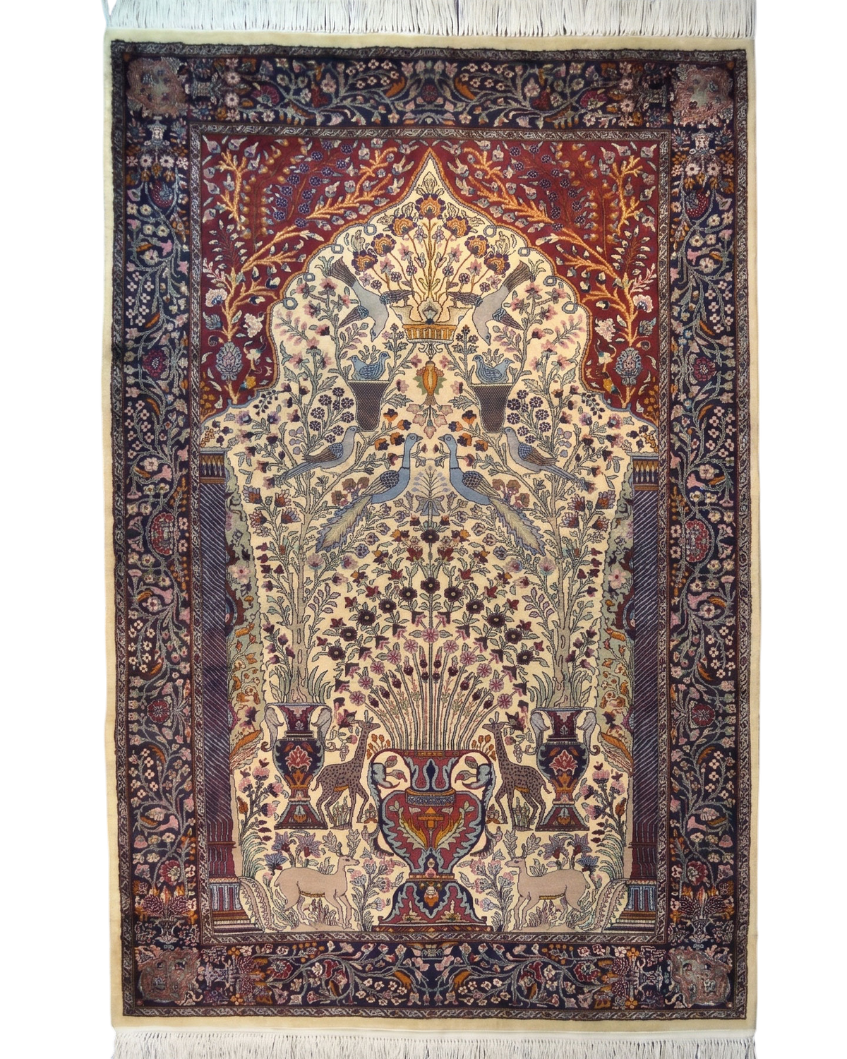 Tappeto Pakistan usato 220x141 cm avorio con motivi floreali, uccelli e animali