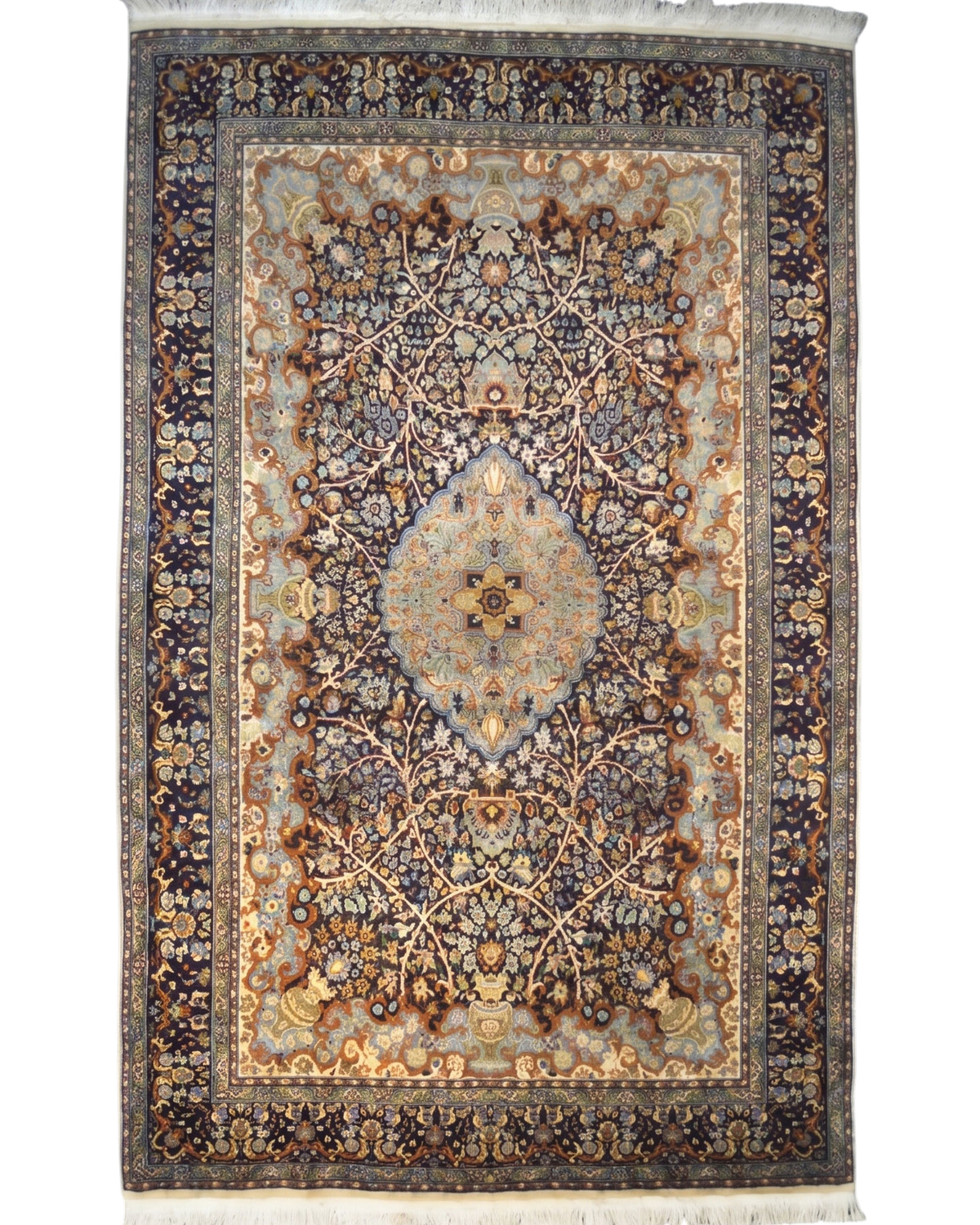 Tappeto Pakistan usato 256x151 cm blu e azzurro con medaglione centrale e disegno floreale