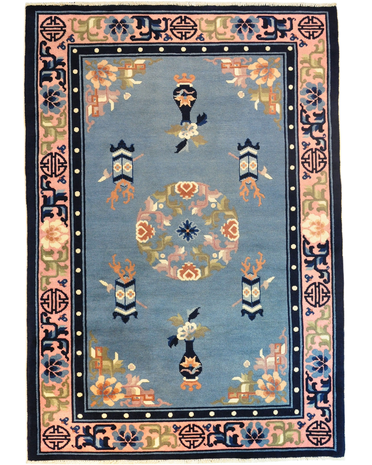 Tappeto Pechino 100 cinese usato 180x123 cm azzurro con medaglione centrale e motivi floreali