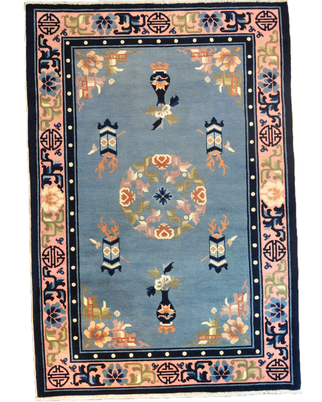 Tappeto Pechino annodato a mano con fondo azzurro e motivi decorativi della tradizione cinese, misura 180x123 cm
