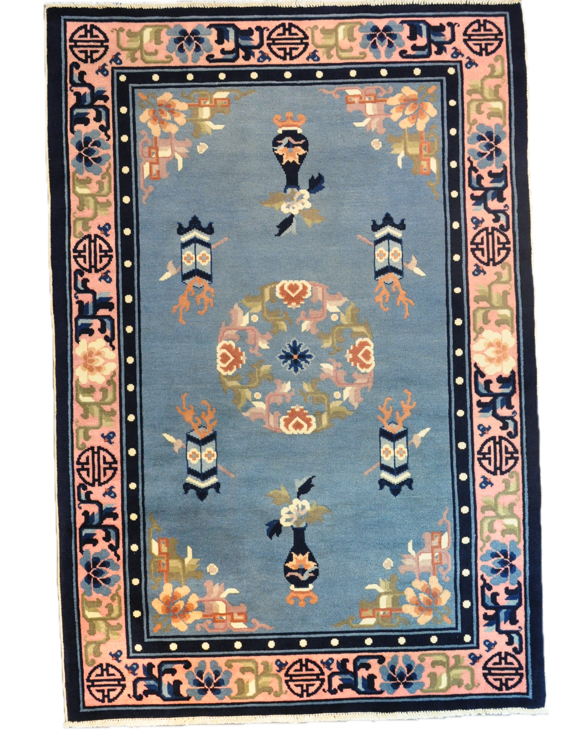 Tappeto Pechino annodato a mano con fondo azzurro e motivi decorativi della tradizione cinese, misura 180x123 cm