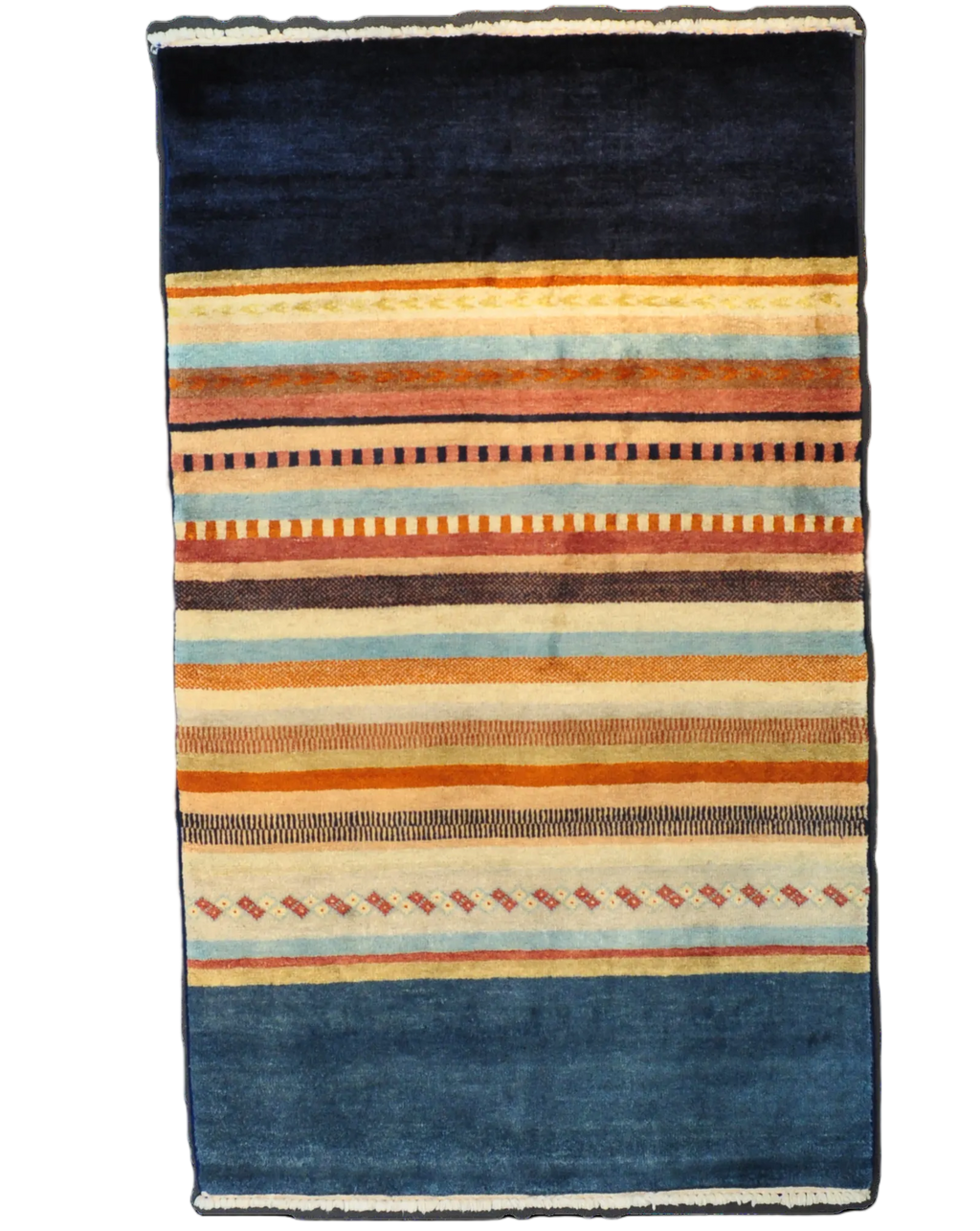 Tappeto persiano Gabbeh annodato a mano con righe multicolore su fondo blu, misura 154x106 cm