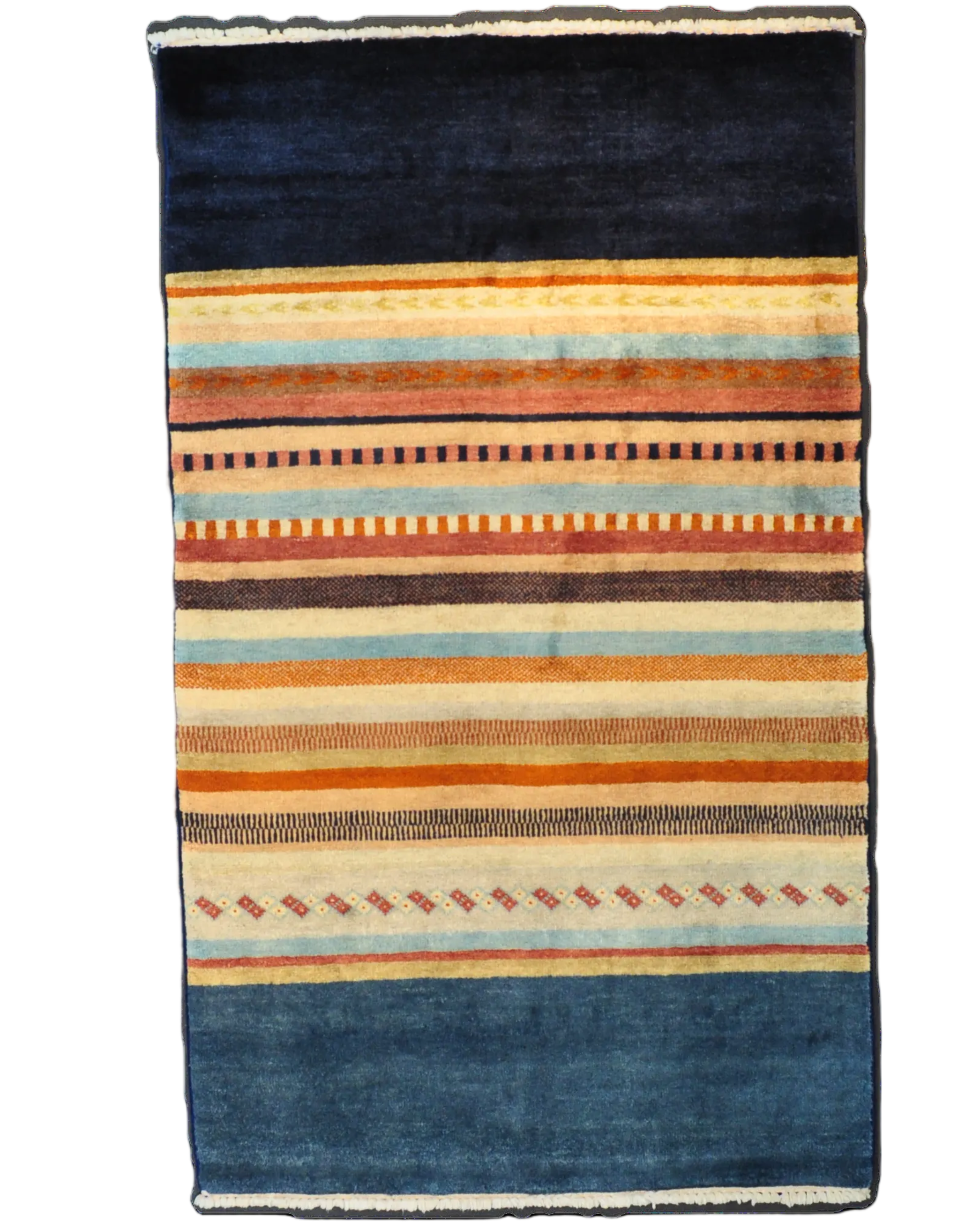 Tappeto persiano Gabbeh annodato a mano con righe multicolore su fondo blu, misura 154x106 cm