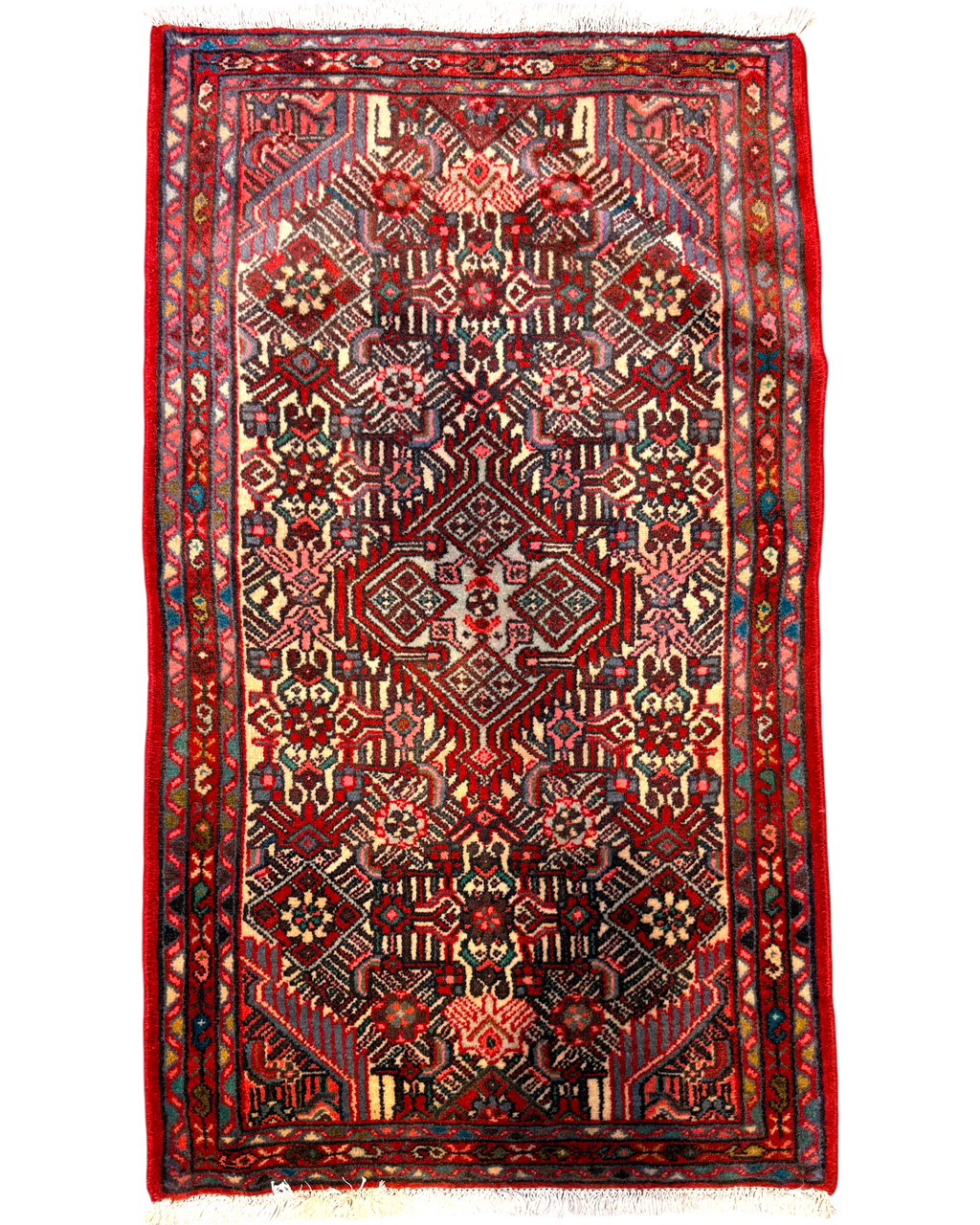 Tappeto persiano Hamedan 130x76 cm rosso e blu con disegno geometrico