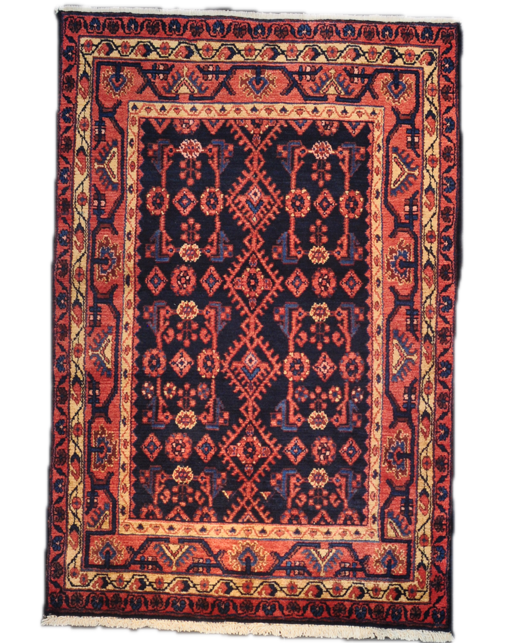 Tappeto persiano Hamedan annodato a mano con motivi geometrici tribali nei toni del rosso e blu, misura 161x110 cm
