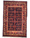 Tappeto persiano Hamedan annodato a mano con motivi geometrici tribali nei toni del rosso e blu, misura 161x110 cm