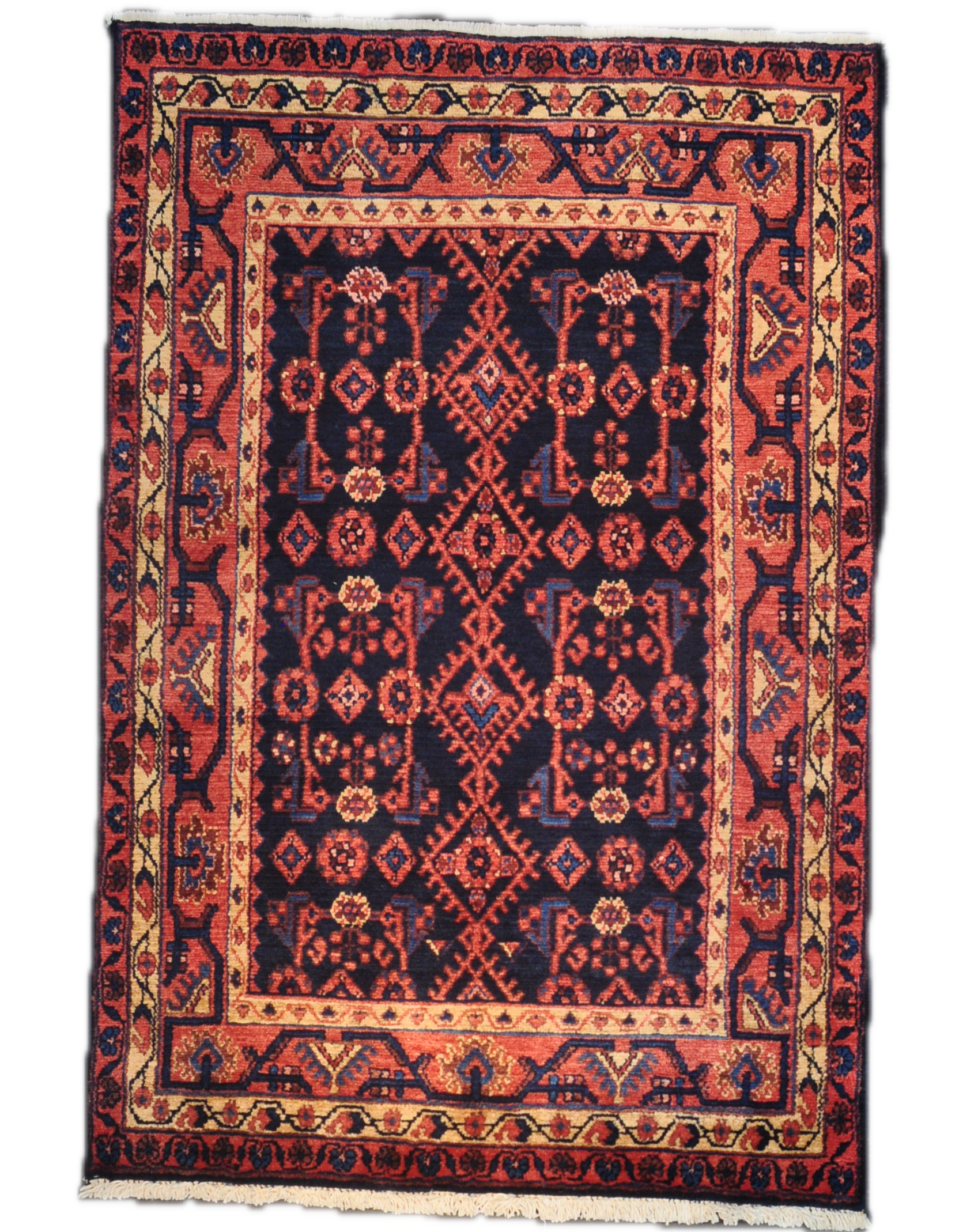 Tappeto persiano Hamedan annodato a mano con motivi geometrici tribali nei toni del rosso e blu, misura 161x110 cm