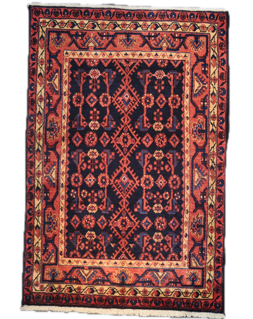 Tappeto persiano Hamedan annodato a mano con motivi geometrici tribali nei toni del rosso e blu, misura 161x110 cm