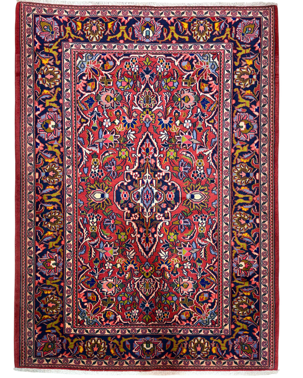 Tappeto persiano Kashan 155x110 cm rosso e blu con disegno floreale