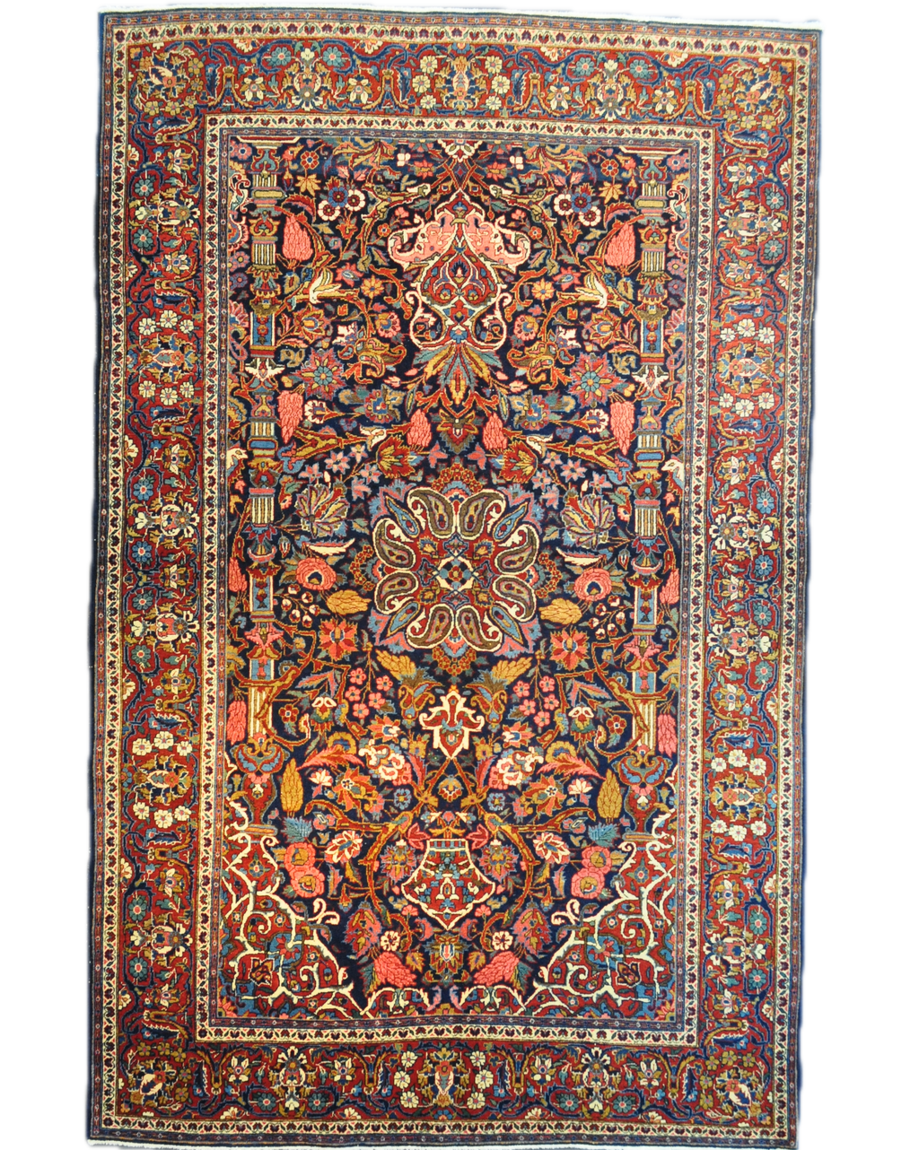 Tappeto persiano Kashan annodato a mano con raffinati motivi floreali su fondo blu notte, misura 205x130 cm