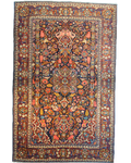 Tappeto persiano Kashan annodato a mano con raffinati motivi floreali su fondo blu notte, misura 205x130 cm