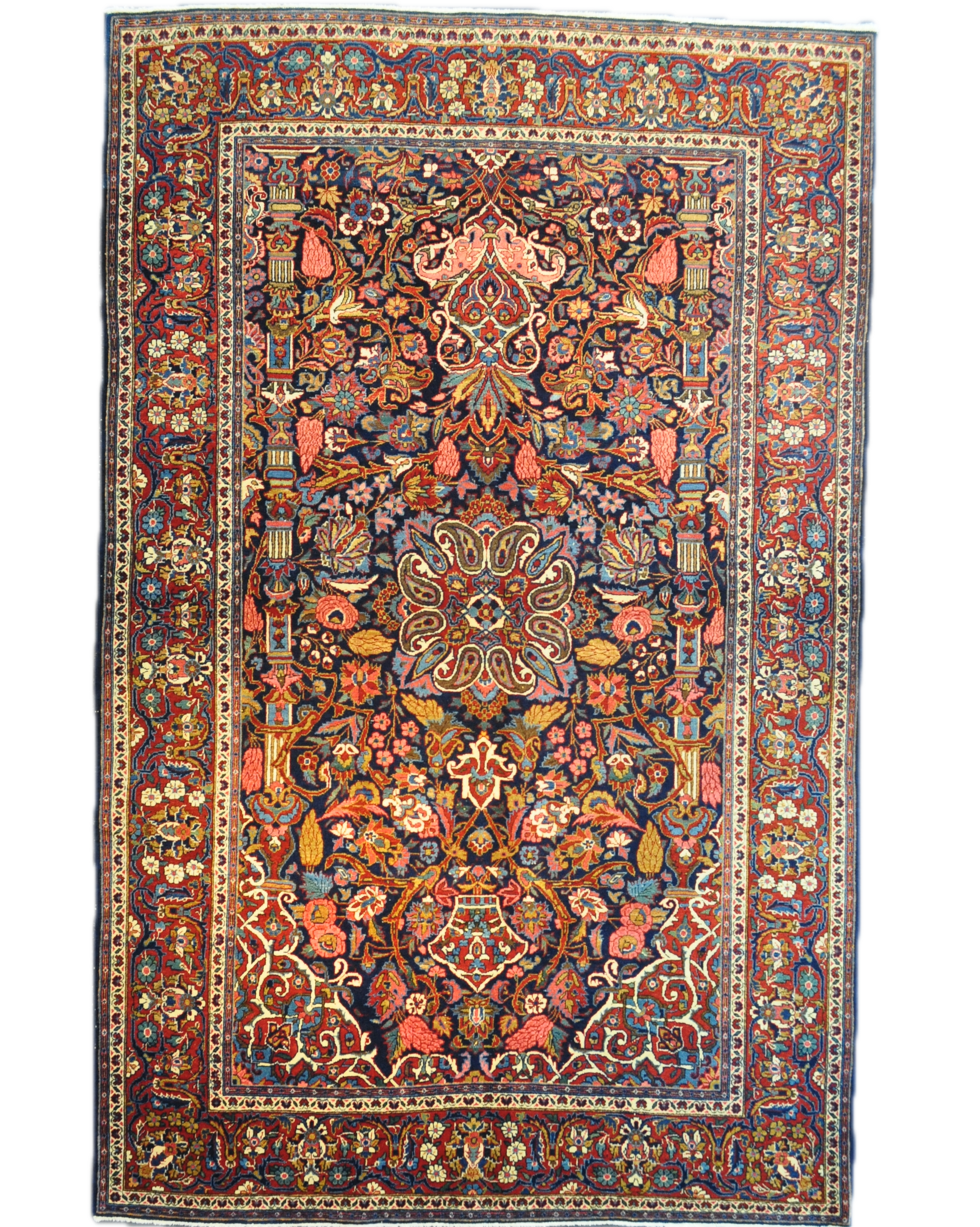 Tappeto persiano Kashan annodato a mano con raffinati motivi floreali su fondo blu notte, misura 205x130 cm