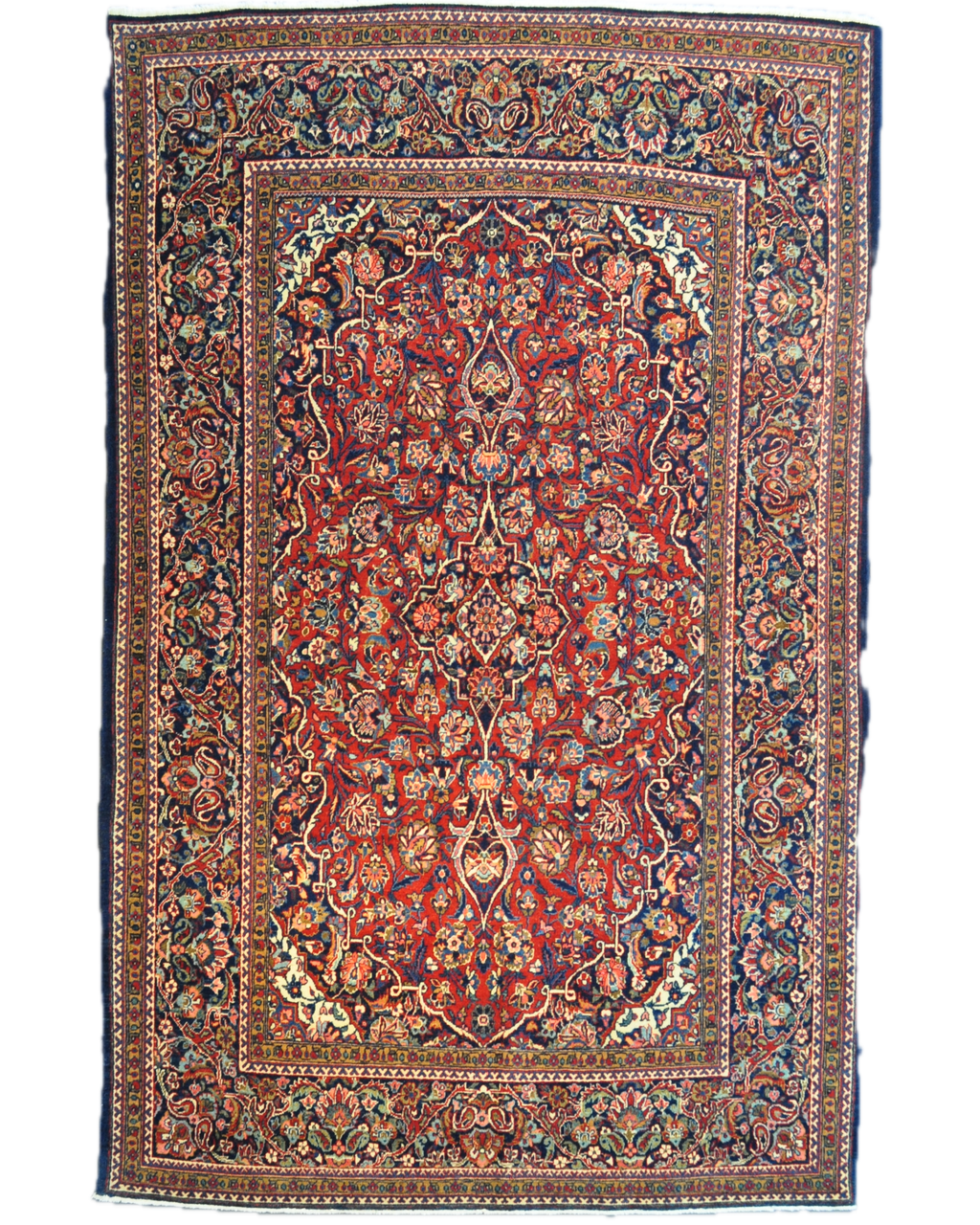 Tappeto persiano Kashan antico annodato a mano con ricchi motivi floreali su fondo rosso e bordura blu, misura 200x128 cm