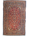 Tappeto persiano Kashan antico annodato a mano con ricchi motivi floreali su fondo rosso e bordura blu, misura 200x128 cm