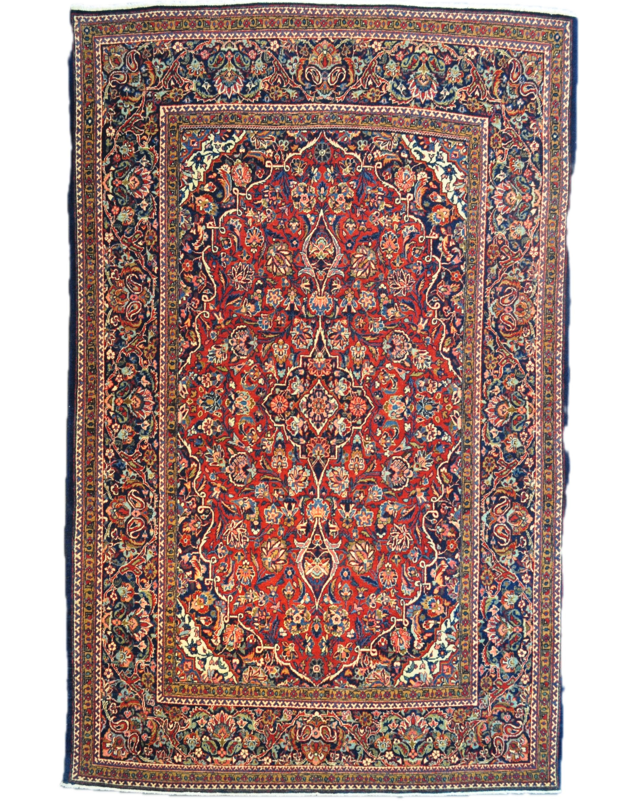 Tappeto persiano Kashan antico annodato a mano con ricchi motivi floreali su fondo rosso e bordura blu, misura 200x128 cm