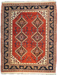 Tappeto persiano Kashkuli annodato a mano con motivi geometrici tribali su fondo rosso, misura 143x112 cm