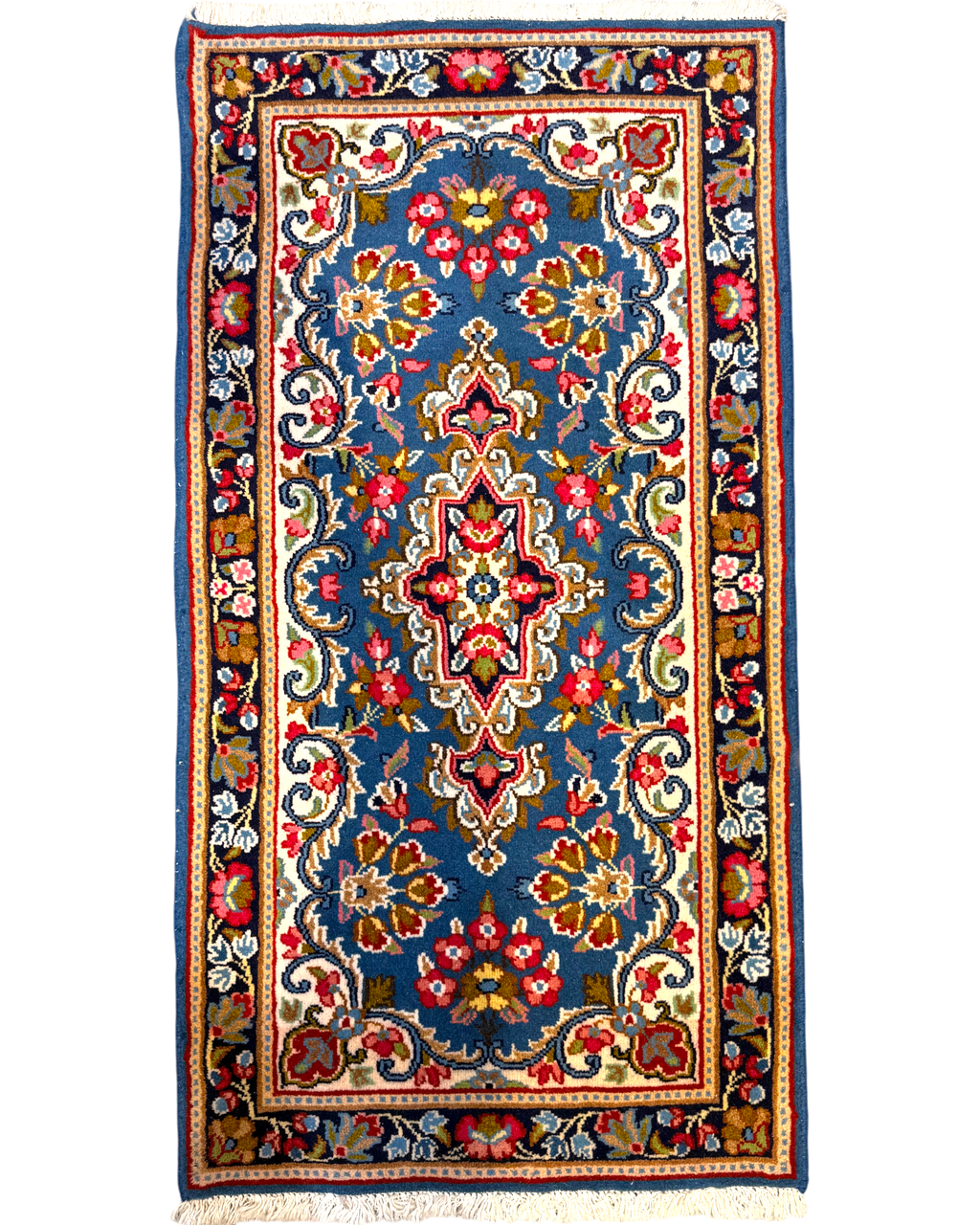 Tappeto persiano Kerman Raver blu 110x60 cm con motivi floreali