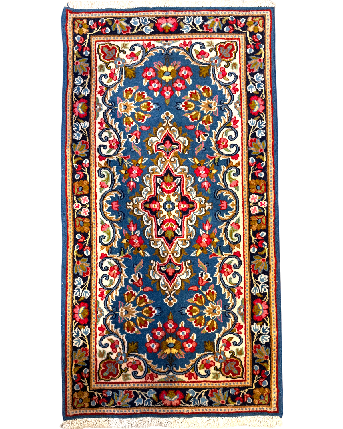 Tappeto persiano Kerman Raver blu 110x60 cm con motivi floreali