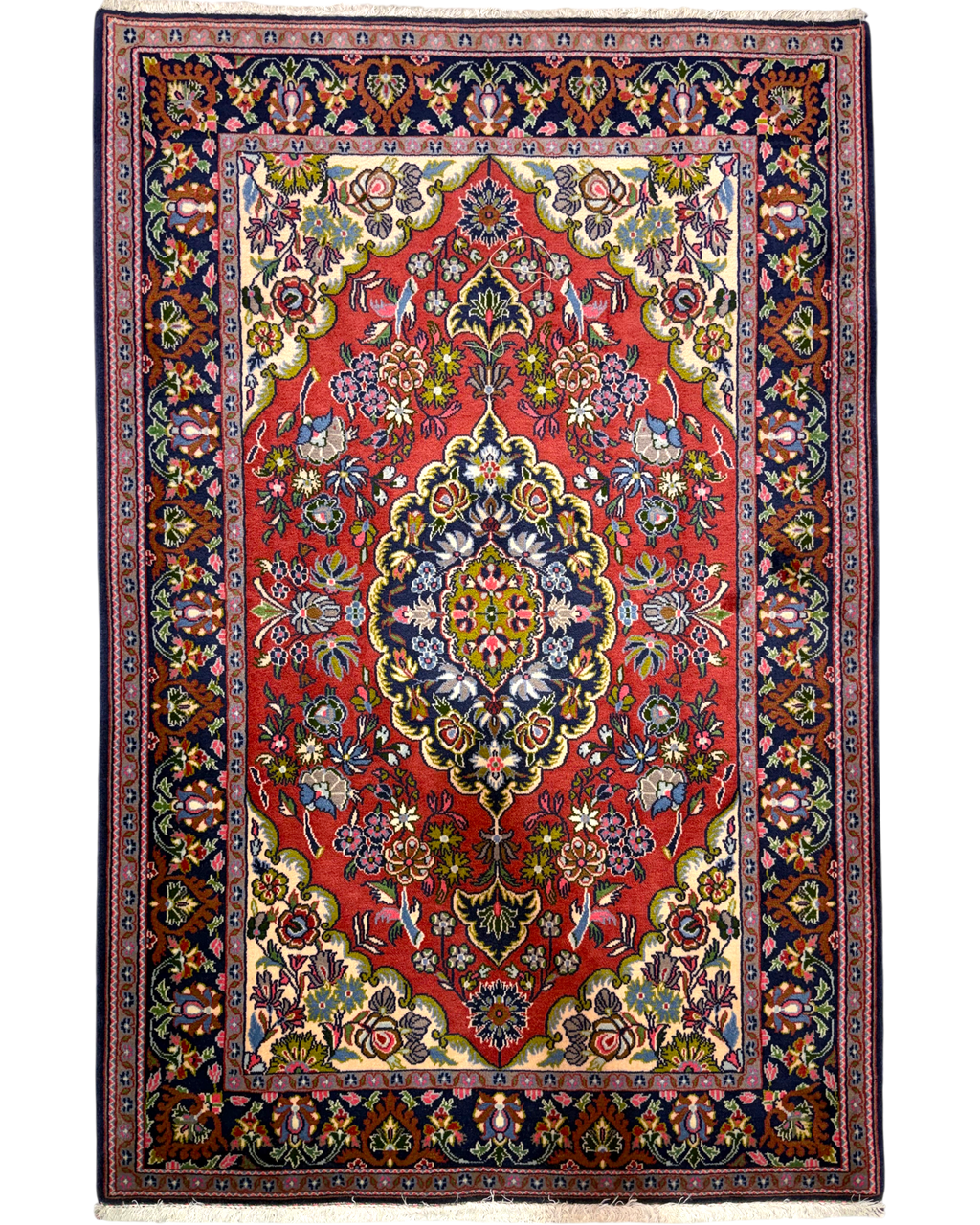 Tappeto persiano Qom 155x102 cm rosso con medaglione centrale floreale