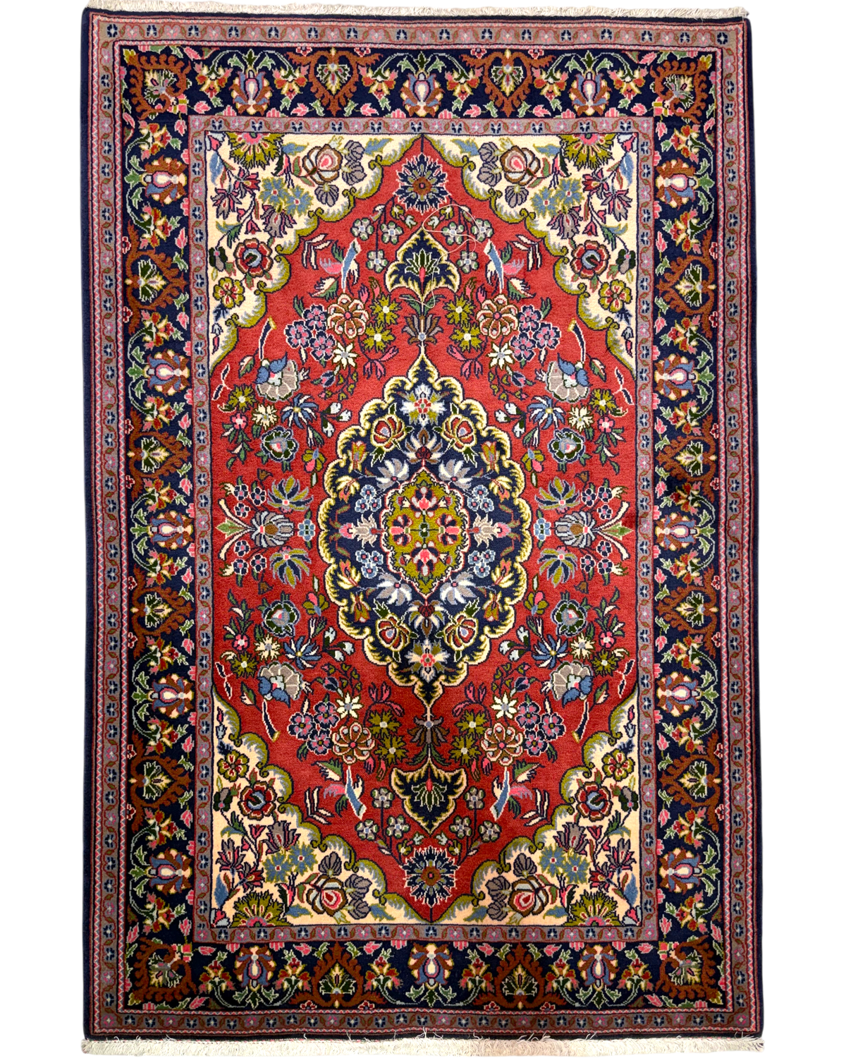Tappeto persiano Qom 155x102 cm rosso con medaglione centrale floreale