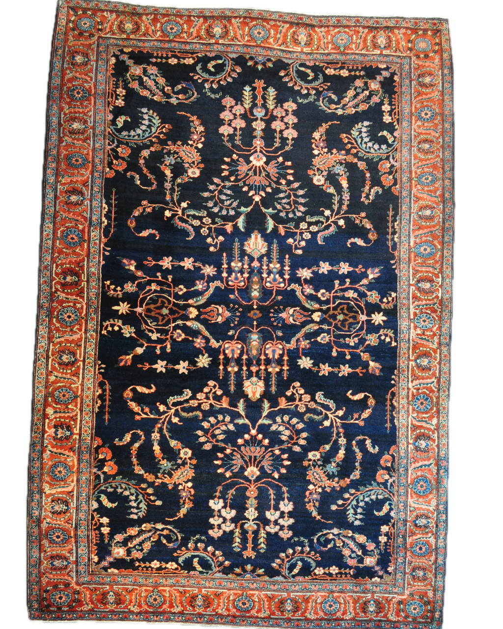 Tappeto persiano Saruk d'epoca annodato a mano con eleganti motivi floreali su fondo blu notte, misura 206x135 cm