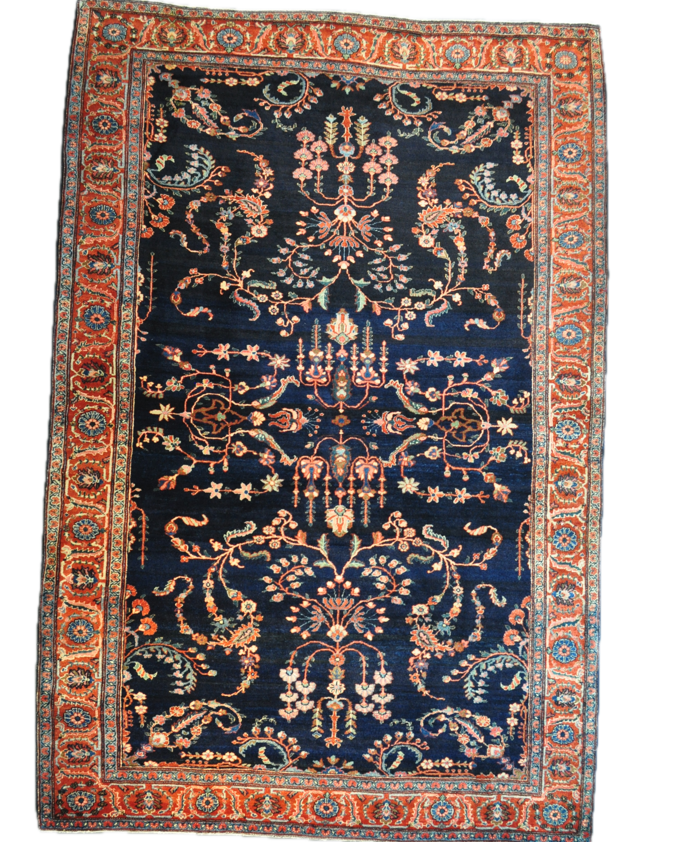 Tappeto persiano Saruk d'epoca annodato a mano con eleganti motivi floreali su fondo blu notte, misura 206x135 cm