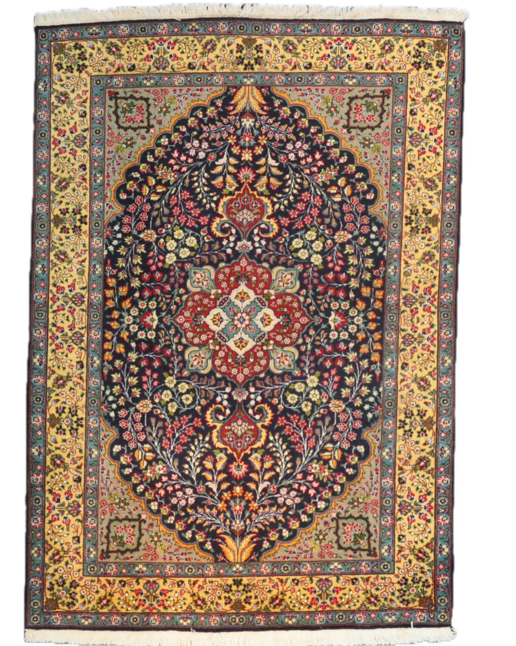 Tappeto persiano Tabriz 50 Raj con medaglione centrale e motivi floreali su fondo blu notte, misura 145x100 cm