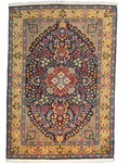 Tappeto persiano Tabriz 50 Raj con medaglione centrale e motivi floreali su fondo blu notte, misura 145x100 cm