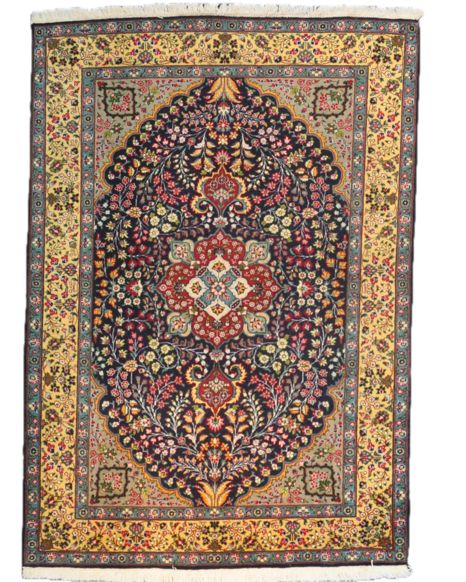Tappeto persiano Tabriz 50 Raj con medaglione centrale e motivi floreali su fondo blu notte, misura 145x100 cm
