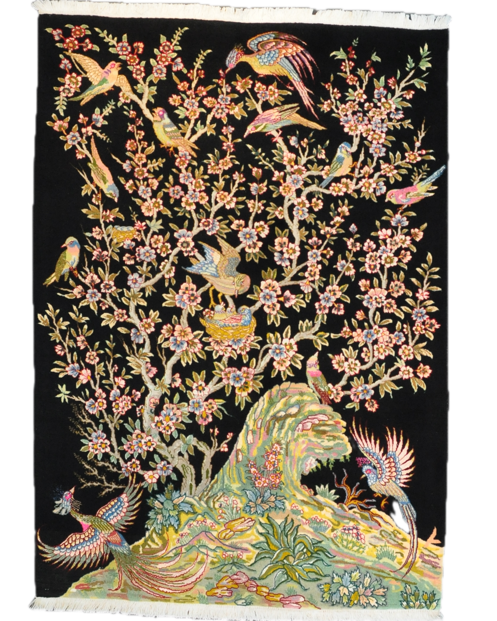 Tappeto persiano Tabriz Fine con motivo Albero della Vita e uccelli su fondo nero, misura 146x102 cm