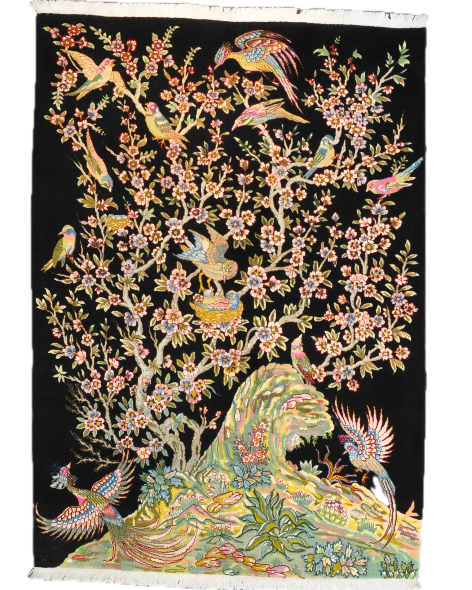 Tappeto persiano Tabriz Fine con motivo Albero della Vita e uccelli su fondo nero, misura 146x102 cm